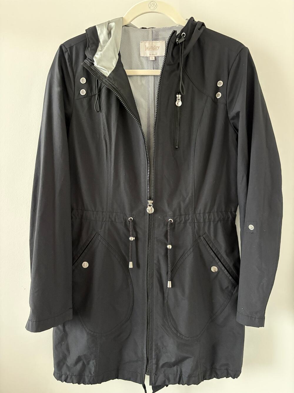 Laundry Shelli Segal Raincoat Womens Sz S Hooded Anorak Utility Black Adjustable